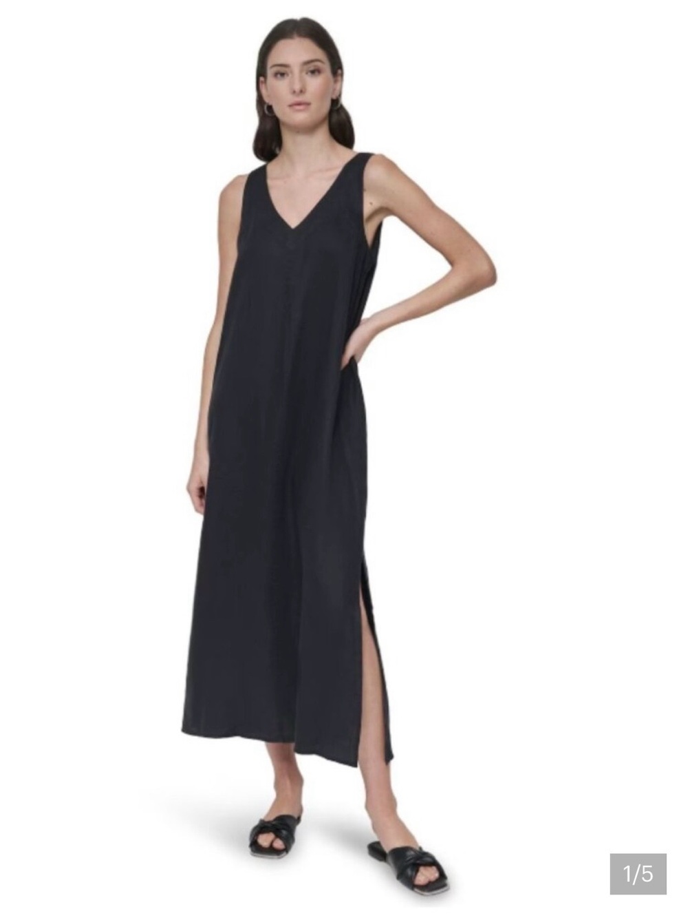 DKNY Black V-Neck Sleeveless Maxi Dress with Side Slit